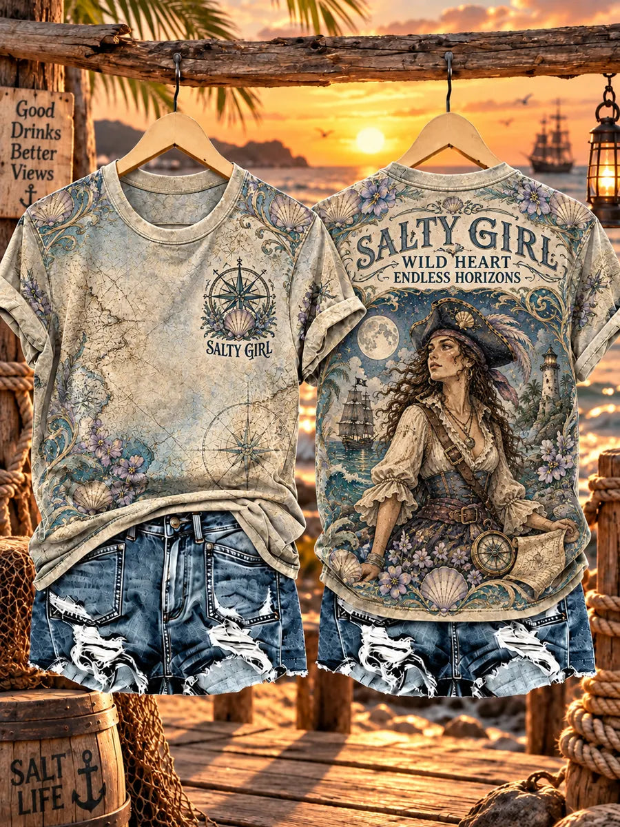Women's Retro Pirate Salty Girl Art Print T-Shirt