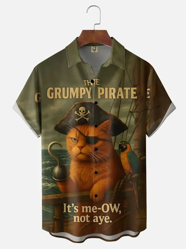 Moisture Wicking Fun Pirate Cat Parrot Chest Pocket Holiday Hawaiian Shirt