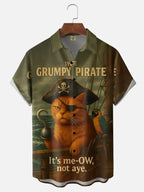 Moisture Wicking Fun Pirate Cat Parrot Chest Pocket Holiday Hawaiian Shirt