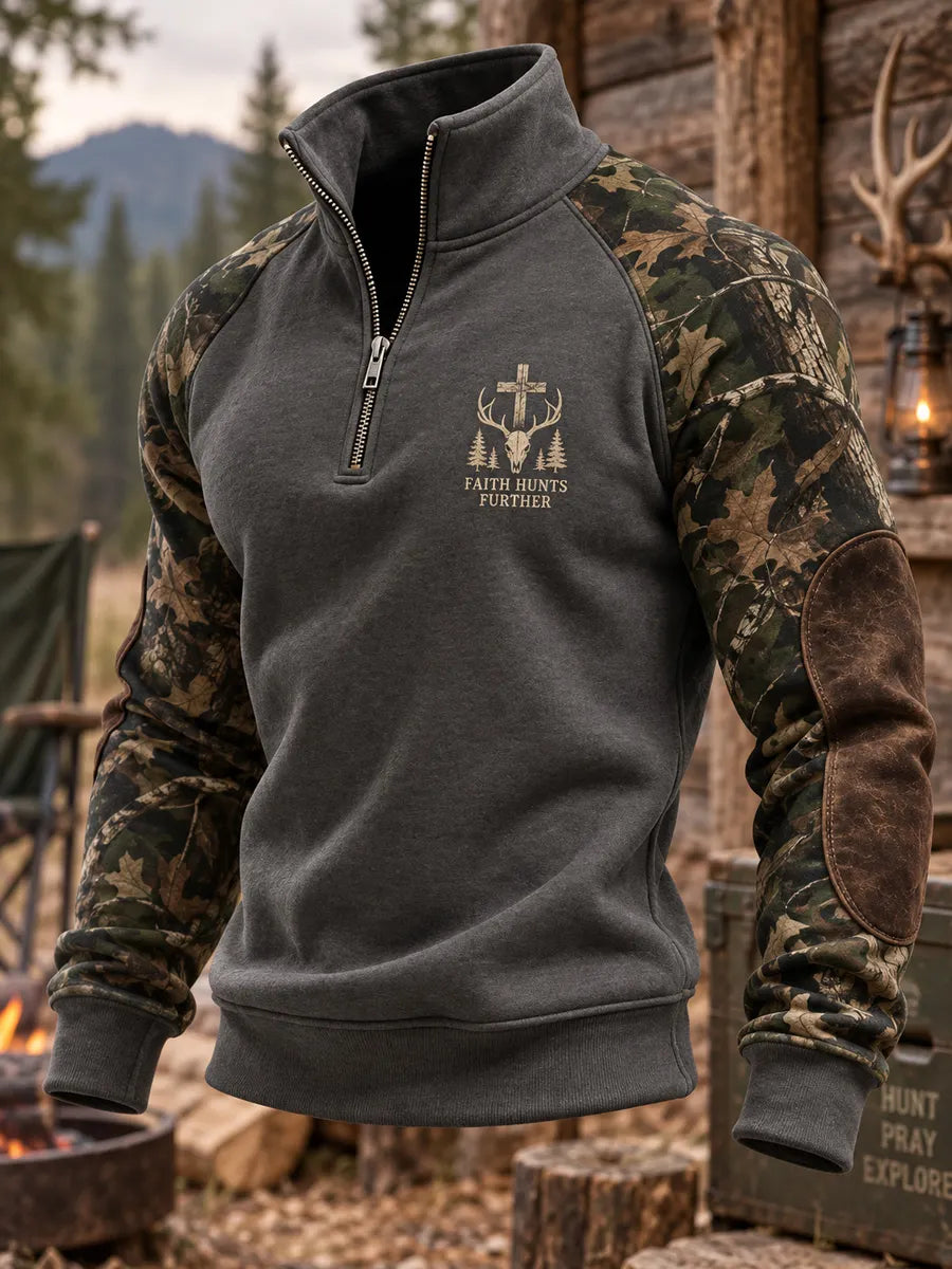 Retro Hunting Culture Faith Print Casual Zip-Up Sweatshirt