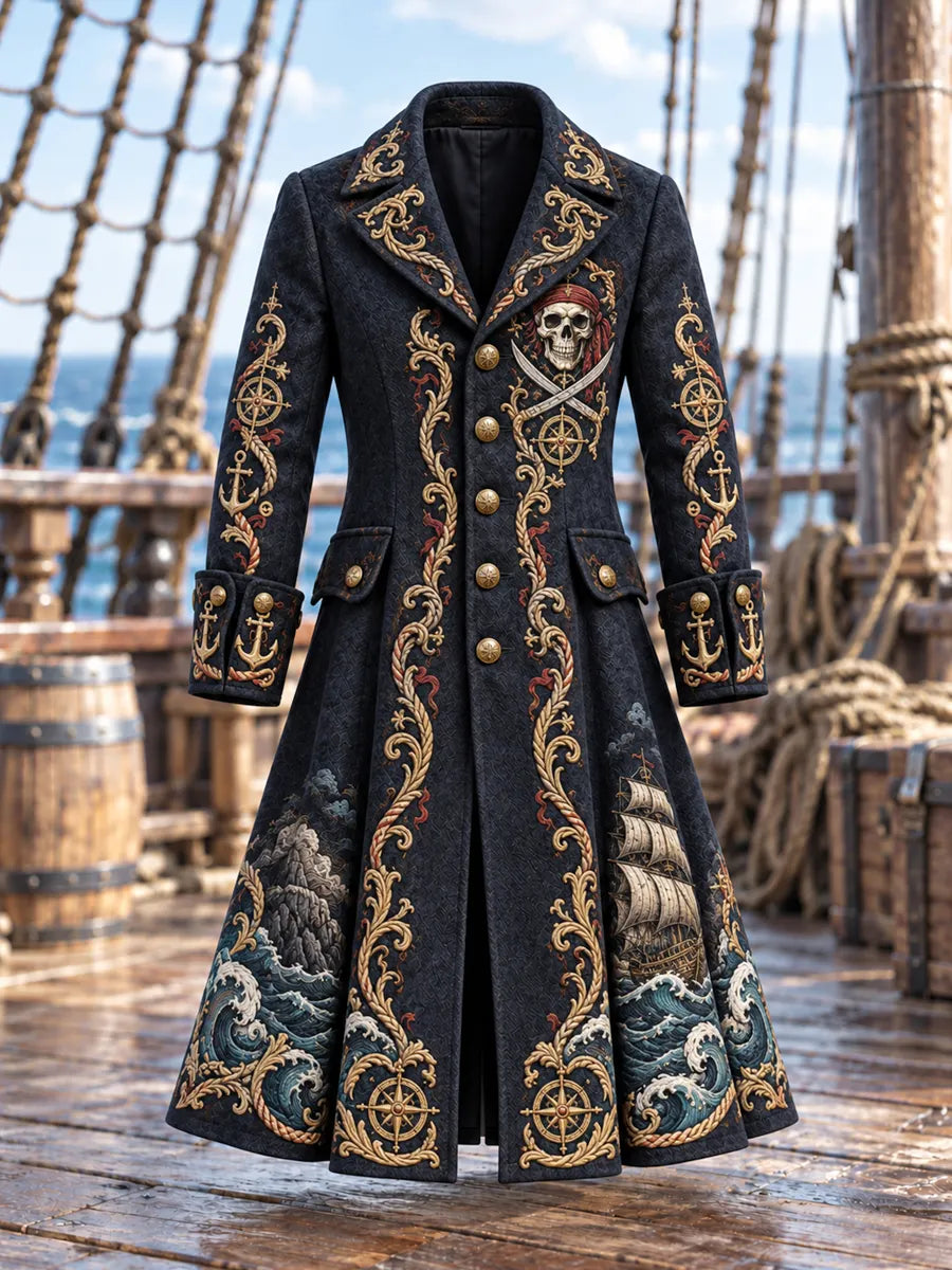 Men's Vintage Pirate Skull Art Print Coat