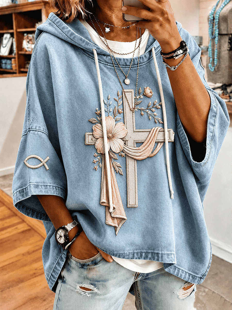 Women's Floral Ribbon Cross Fish Symbol Sleeve Embroidery Short Sleeve Hoodie