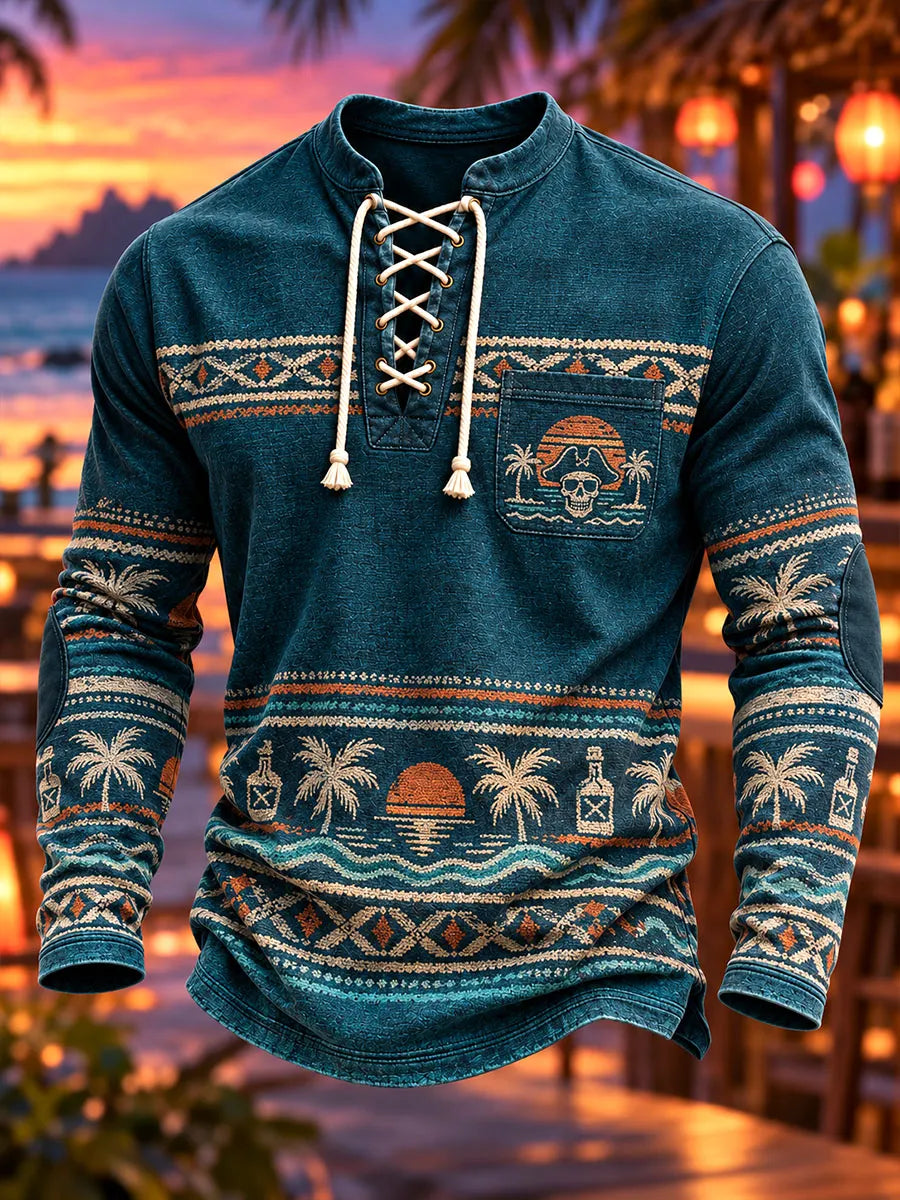 Men's Tropical Pirate Geometric Lace-Up Long Sleeve Shirt
