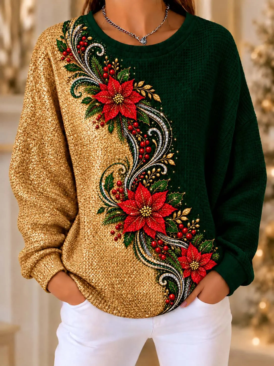 ✨ "Elegant Poinsettia Garland" Gold & Dark Green Waffle Knit Christmas Sweatshirt