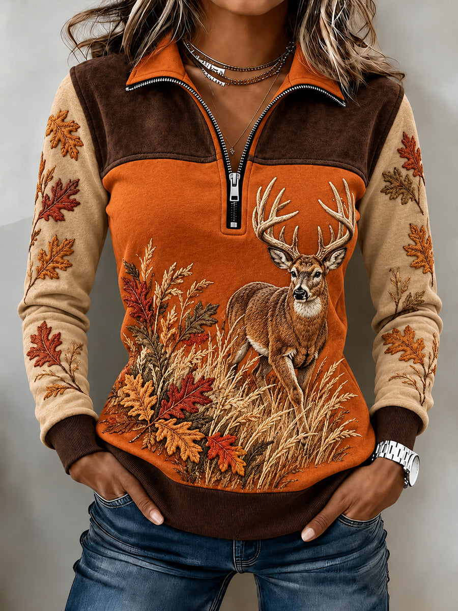 Women's Vintage  Retro Hunting Culture Art Print Colorblock Half-Zip Sweatshirt