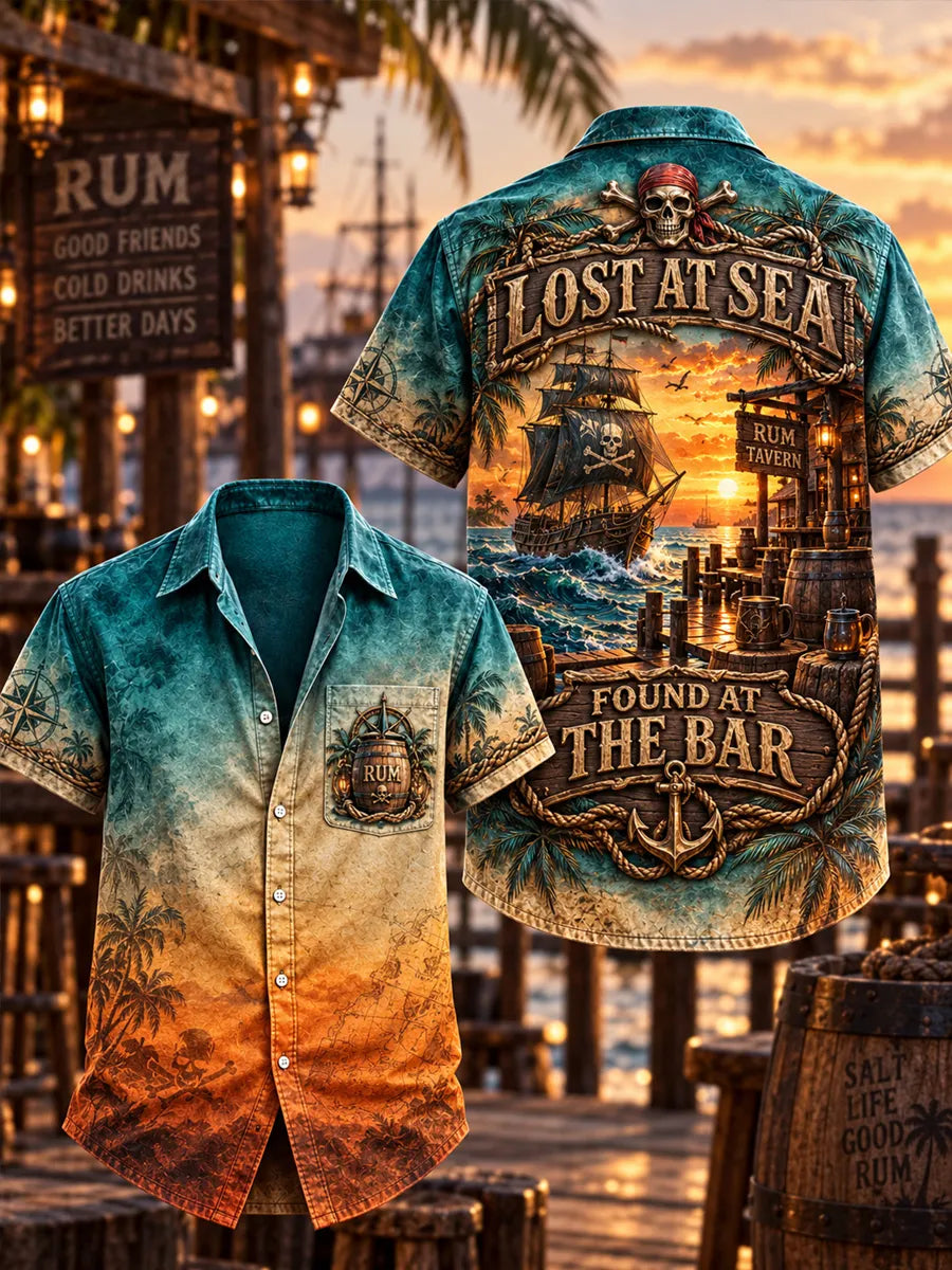 Men’s Lost at Sea Found at the Bar Sunset Pirate Graphic Pocket Shirt