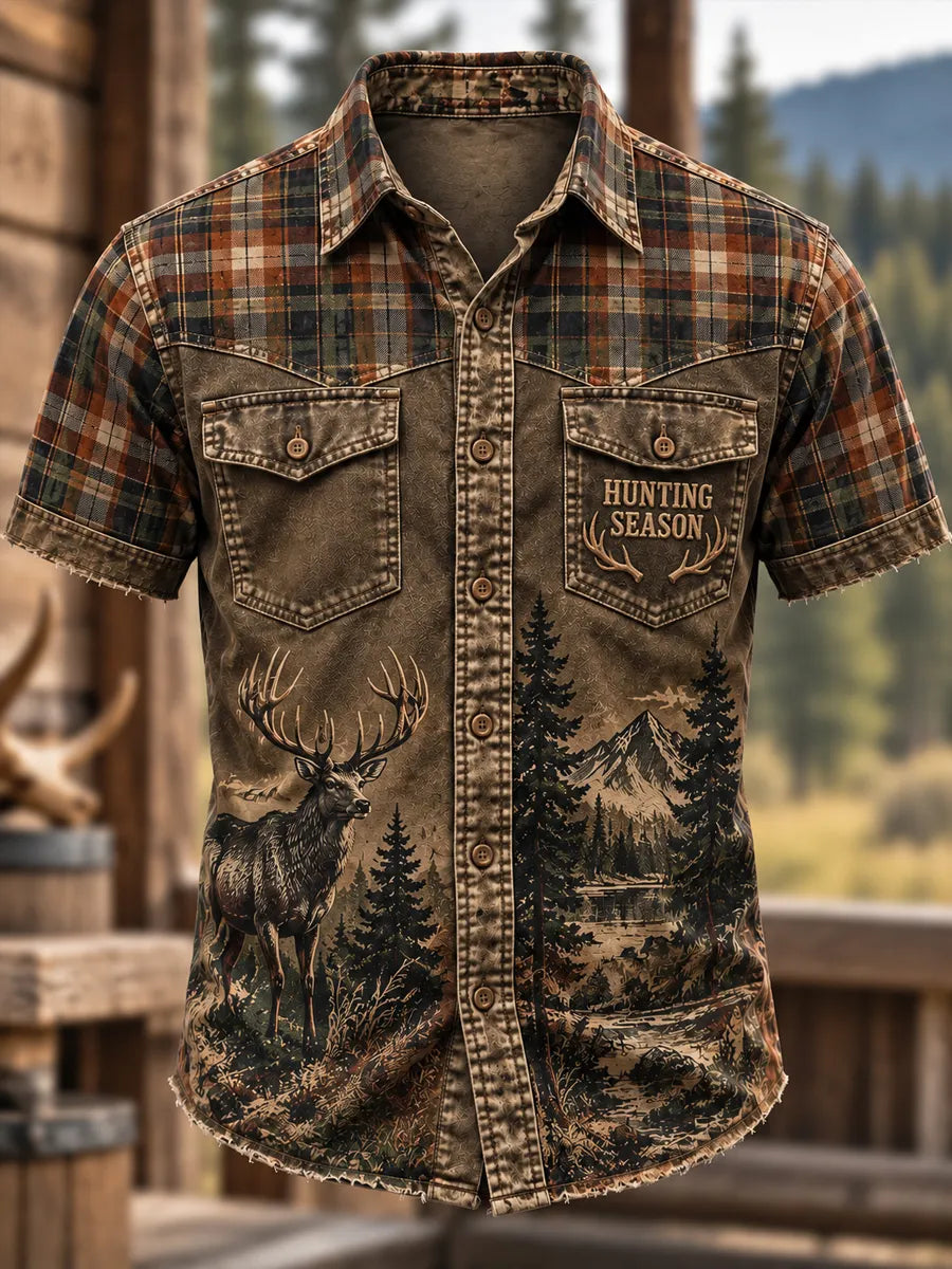 Men's Retro Hunting Culture Print Short Sleeve Button-Up Shirt