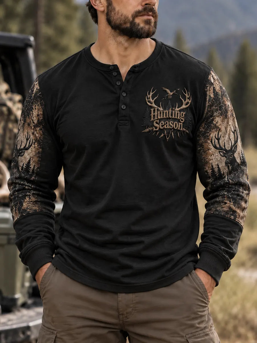 Men’s Retro Hunting Culture Print Casual Long Sleeve Henley Shirt