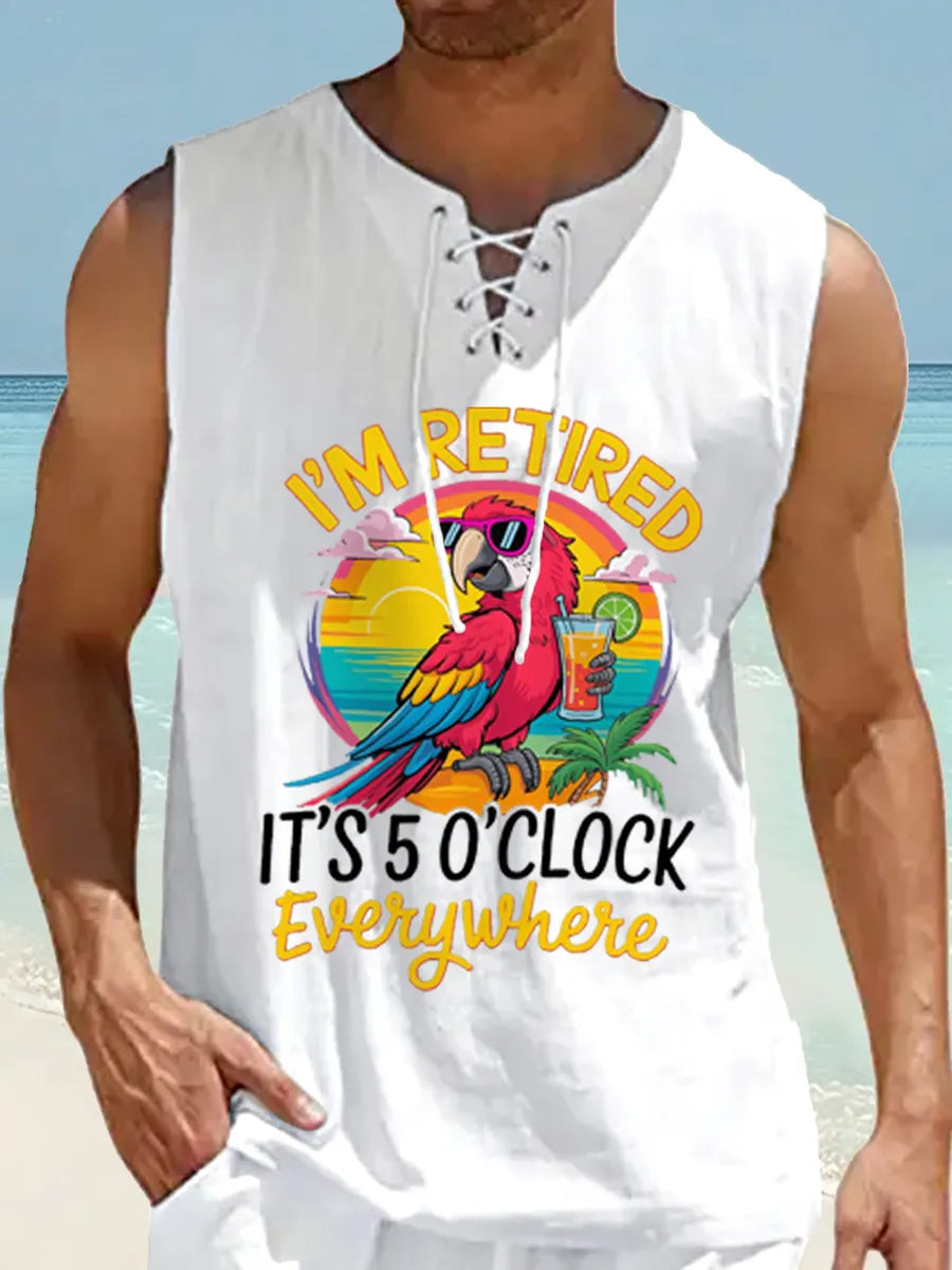 Men's Iâm Retired Itâs 5 O'clock Everywhere Parrot Print Casual Lace-up Sleeveless Shirt