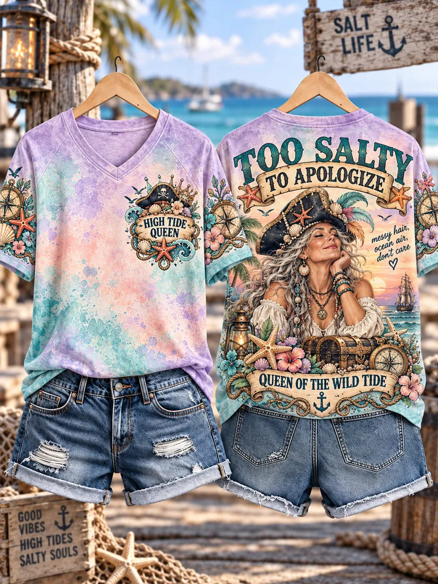 Women’s Too Salty to Apologize Pirate Queen Pastel Graphic V-Neck T-Shirt