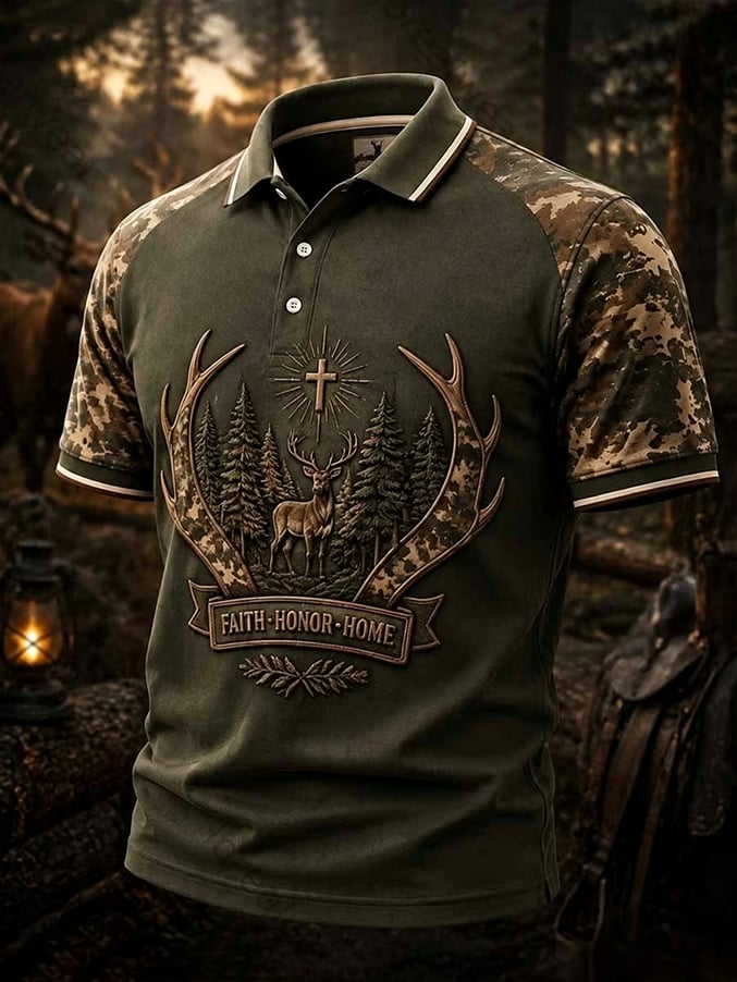 Men's Vintage Faith Traditional Reindeer Pattern Printed Short-Sleeve Top