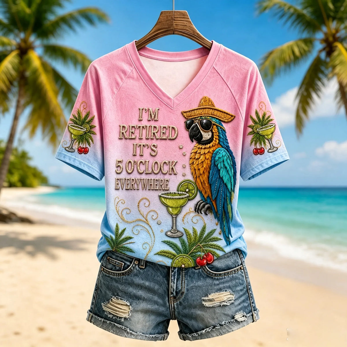 Women's I'm Retired It's 5 O'clock Everywhere Parrot  V-neck Short Sleeve T-shirt
