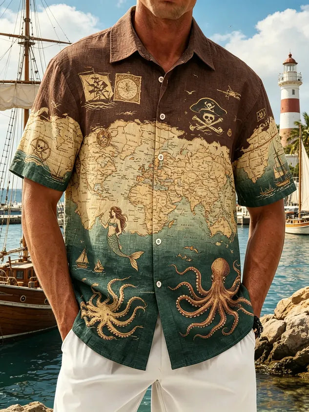 Linen-Texture Vintage Map Pirate Ship Octopus Mermaid and Pirate Motif Chest Pocket Holiday Hawaiian Shirt