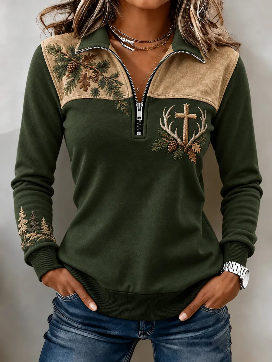 Women's Vintage  Retro Hunting Culture Faith Art Print Colorblock Half-Zip Sweatshirt