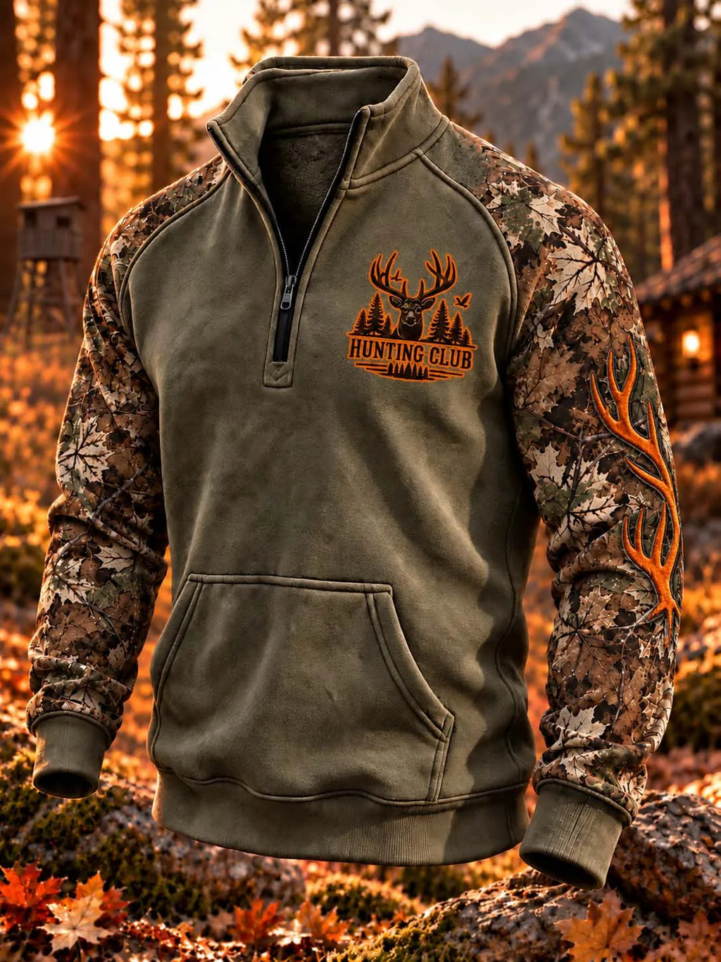 🏕️ Hunting Club Buck Antler Quarter-Zip Hoodie