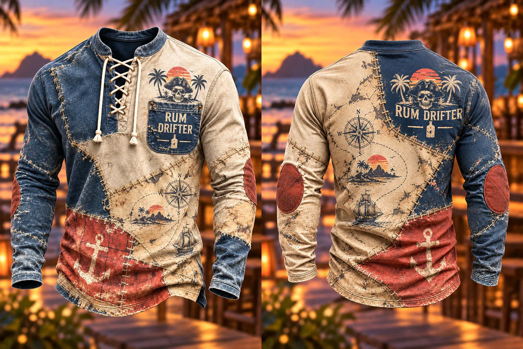 Men's Pirate Map Patchwork Lace-Up Long Sleeve Shirt