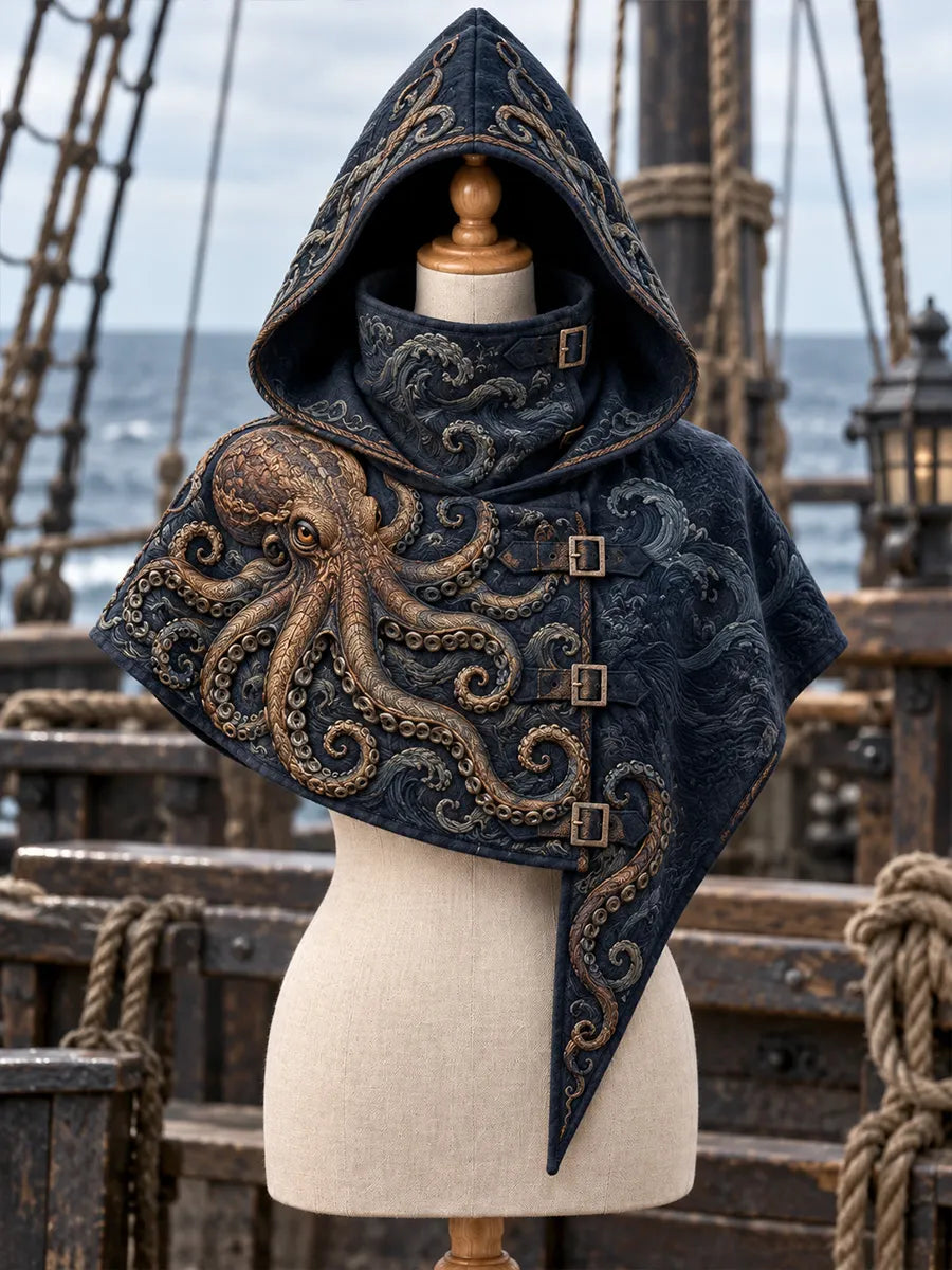 🌊 Golden Kraken Hooded Cape – Bronze Octopus & Ocean Waves Nautical Fantasy Cloak