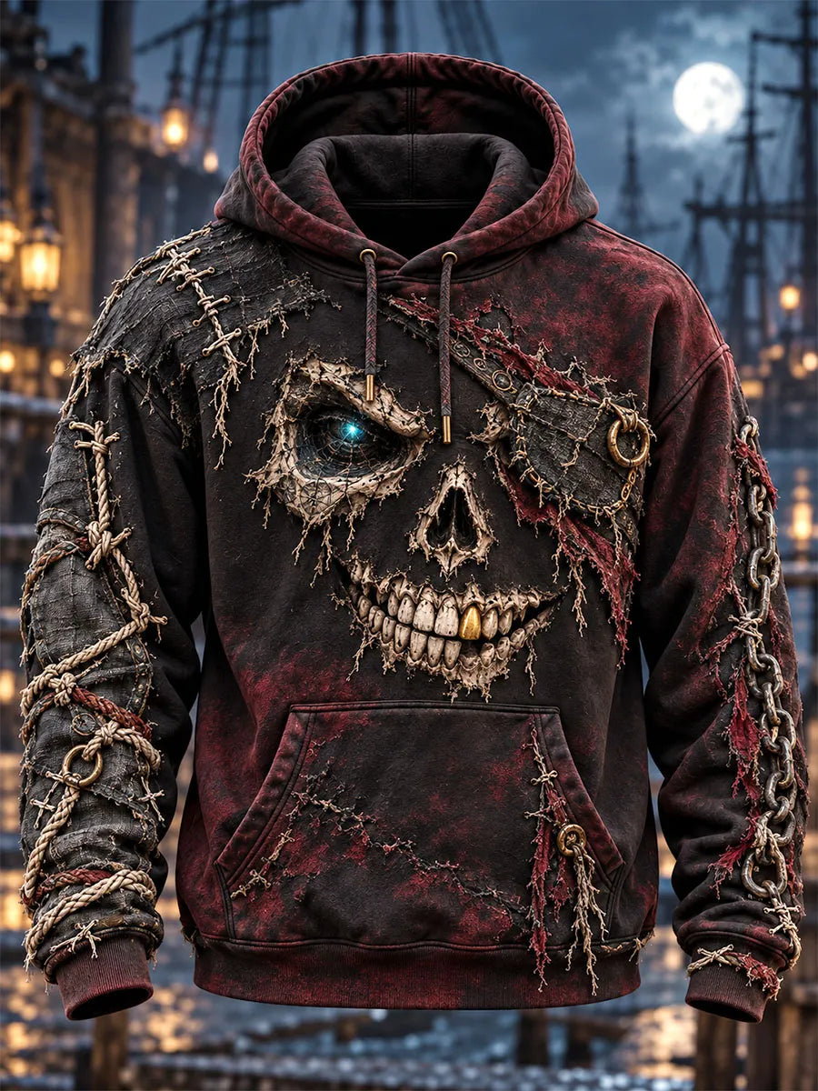 Distressed Pirate Skull Print Hoodie