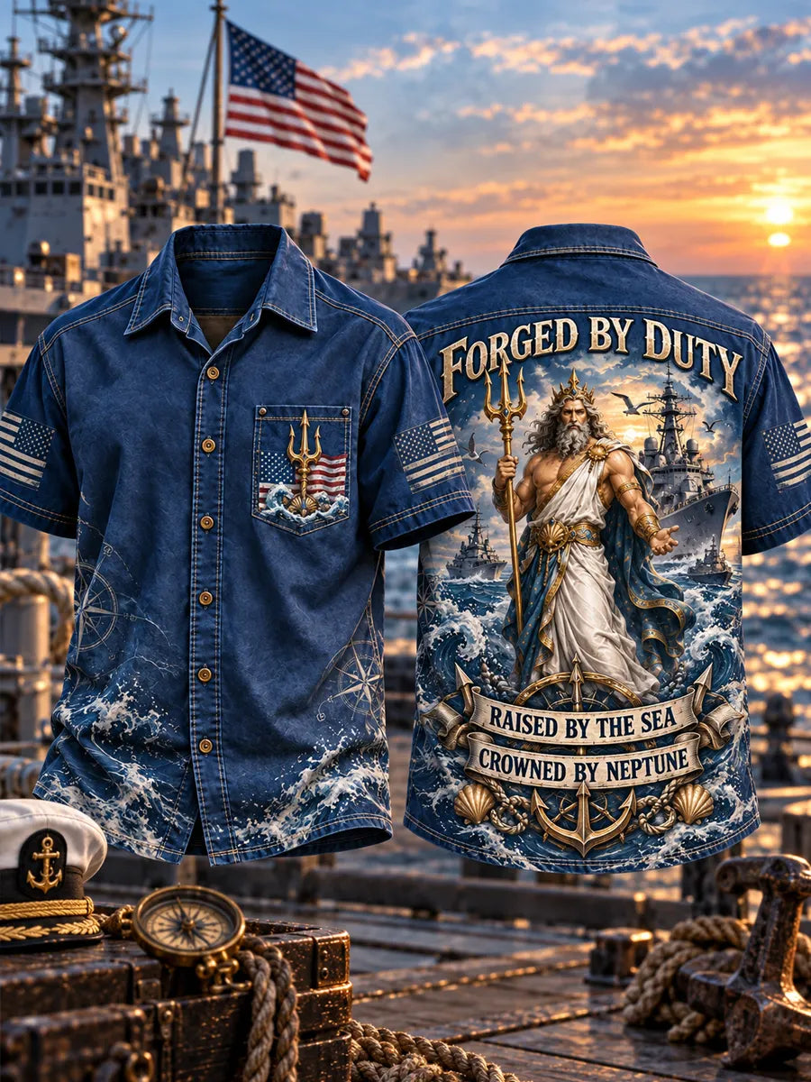 Men’s Veteran “FORGED BY DUTY RAISED BY THE SEA CROWNED BY NEPTUNE ” Printed Short Sleeve Shirt