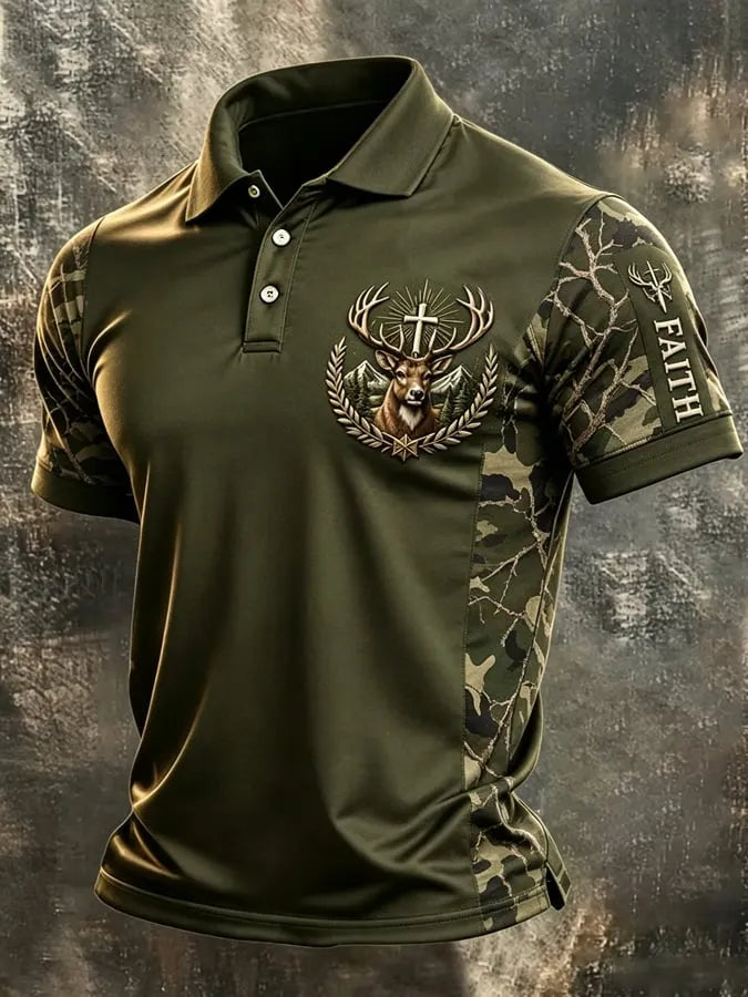 Men's Vintage Traditional Reindeer Pattern Western Print Casual Polo Shirt