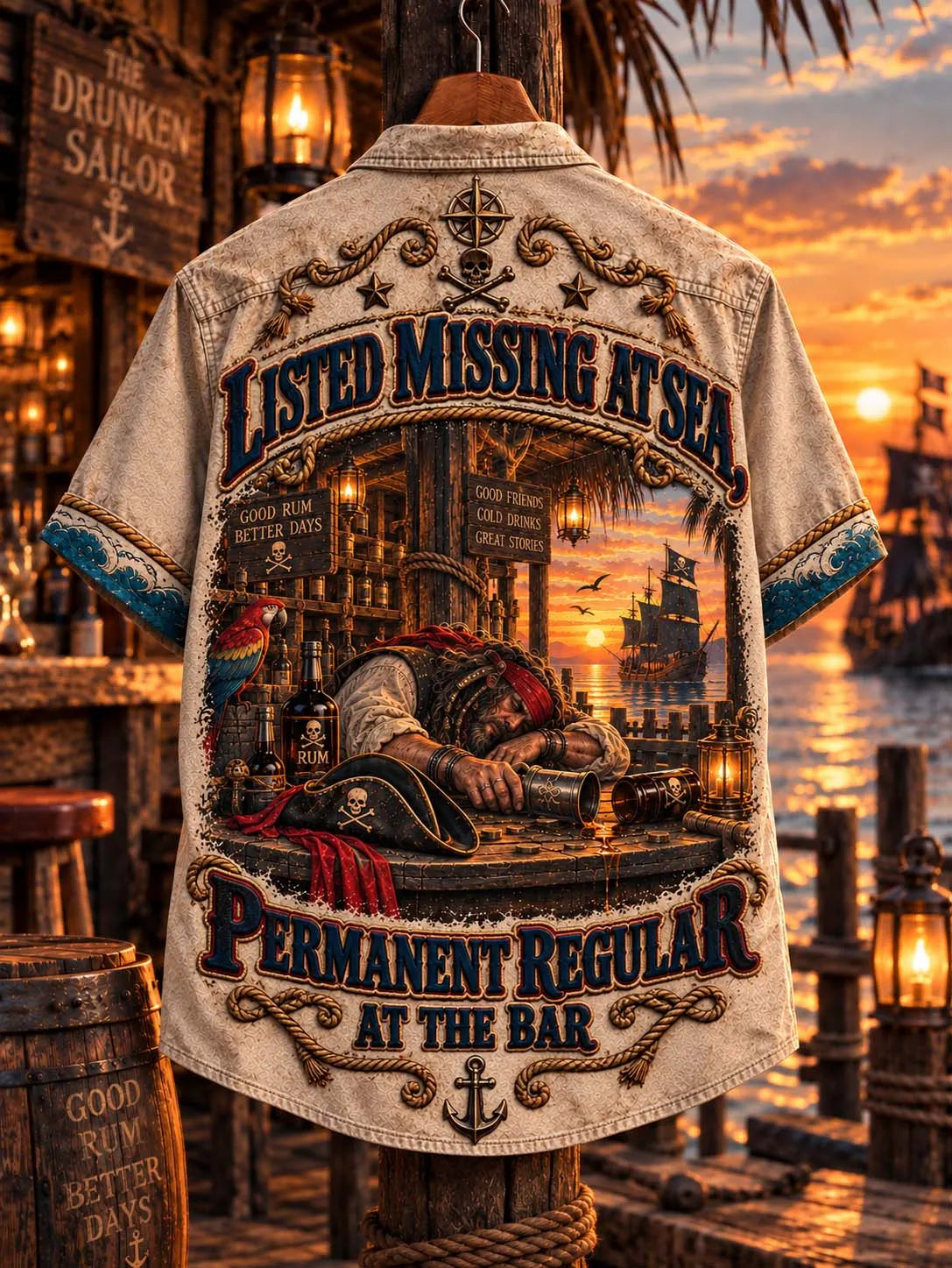 🏴‍☠️ 🍺 Listed Missing At Sea Permanent Regular At The Bar 🦜 Drunk Pirate Tavern Hawaiian Shirt
