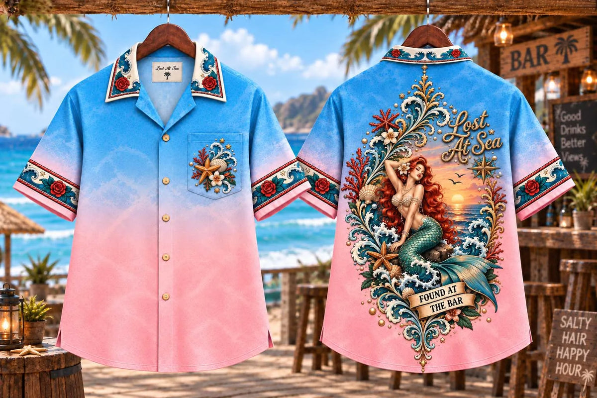 🧜‍♀️ Lost At Sea Found At The Bar Retro Mermaid Sunset Ocean Graphic Shirt