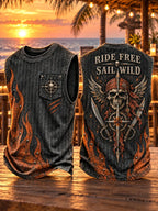 Ride Free Sail Wild Flaming Skull Pirate Sleeveless Shirt