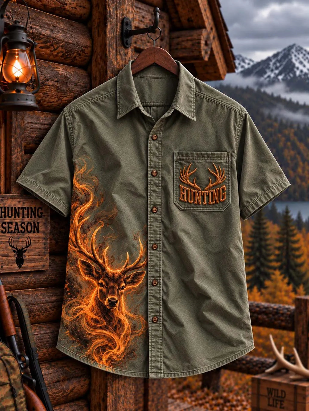 🔥 Flame Fire Deer Antler Hunting Theme Men's Shirt