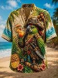 Men's Tropical Beach Pirate Parrot Pineapple Hibiscus Palm Tree Art Print Casual Shirt