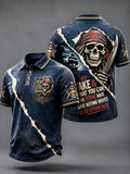 Menâ€TMs Dark Blue Pirate-Themed Print Casual Polo Shirt
