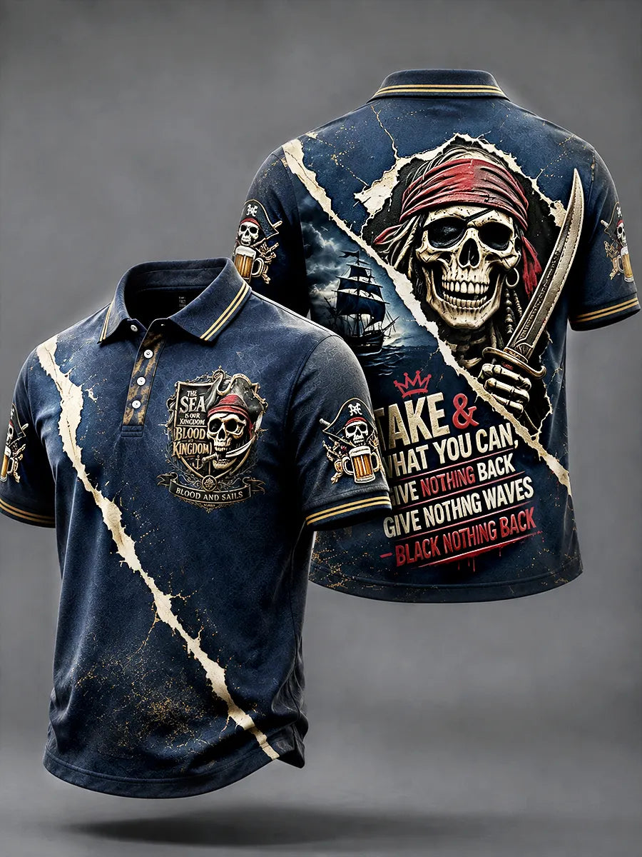 Menâ€TMs Dark Blue Pirate-Themed Print Casual Polo Shirt
