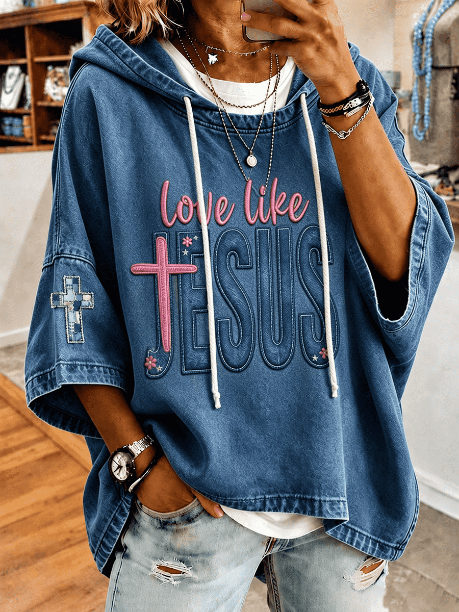 Women's Love Like Jesus Pink Cross Letter Patch Cross Sleeve Embroidery Hoodie