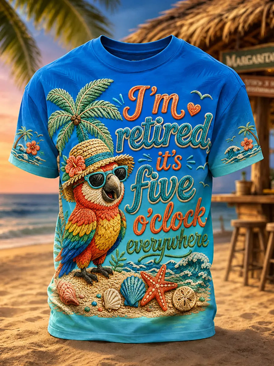Men's "I'm Retired, It's Five o'clock Everywhere Now" Parrot Print Casual T-shirt
