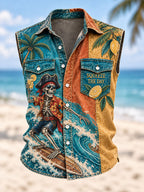 Men’s Squeeze the Day Surfing Pirate Skeleton Vintage Sleeveless Button-Up Shirt