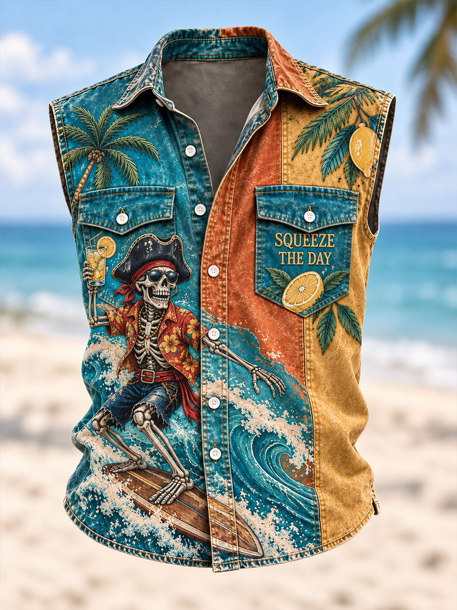 Men’s Squeeze the Day Surfing Pirate Skeleton Vintage Sleeveless Button-Up Shirt
