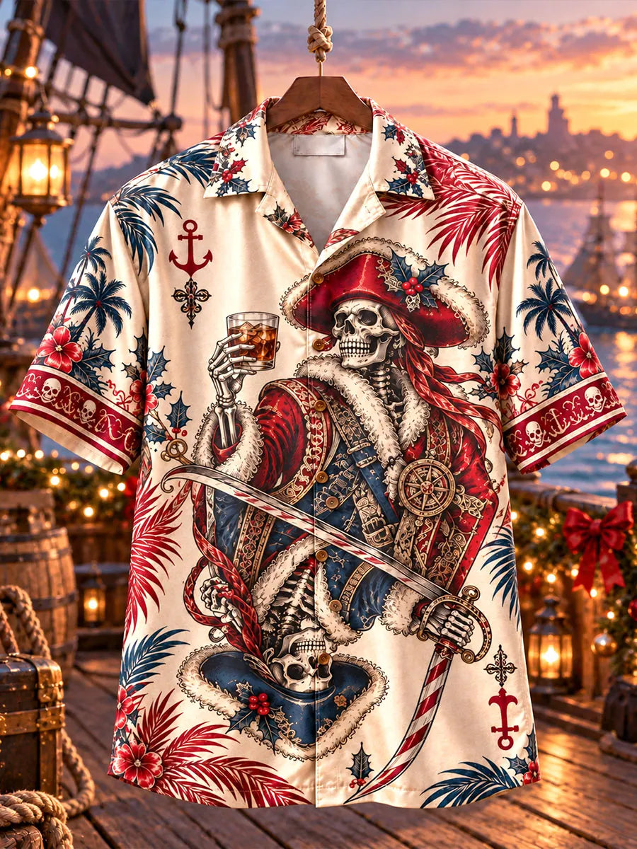 Men's Vintage Christmas Pirate Captain & Sword Print Short Sleeve Shirt