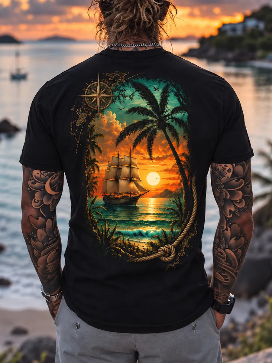 ⛵ 🌴"Golden Horizon" Tropical Sunset Sailing Tee🌅