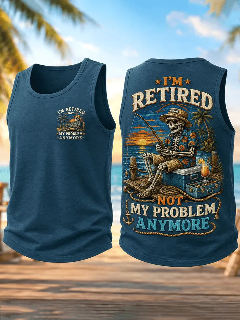 Men's Funny I'm Retired Not My Problem Anymore Skeleton Print Casual Tank Top
