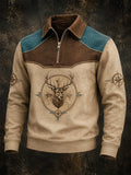 Men's Retro Western Deer Print Casual Zipper Pullover