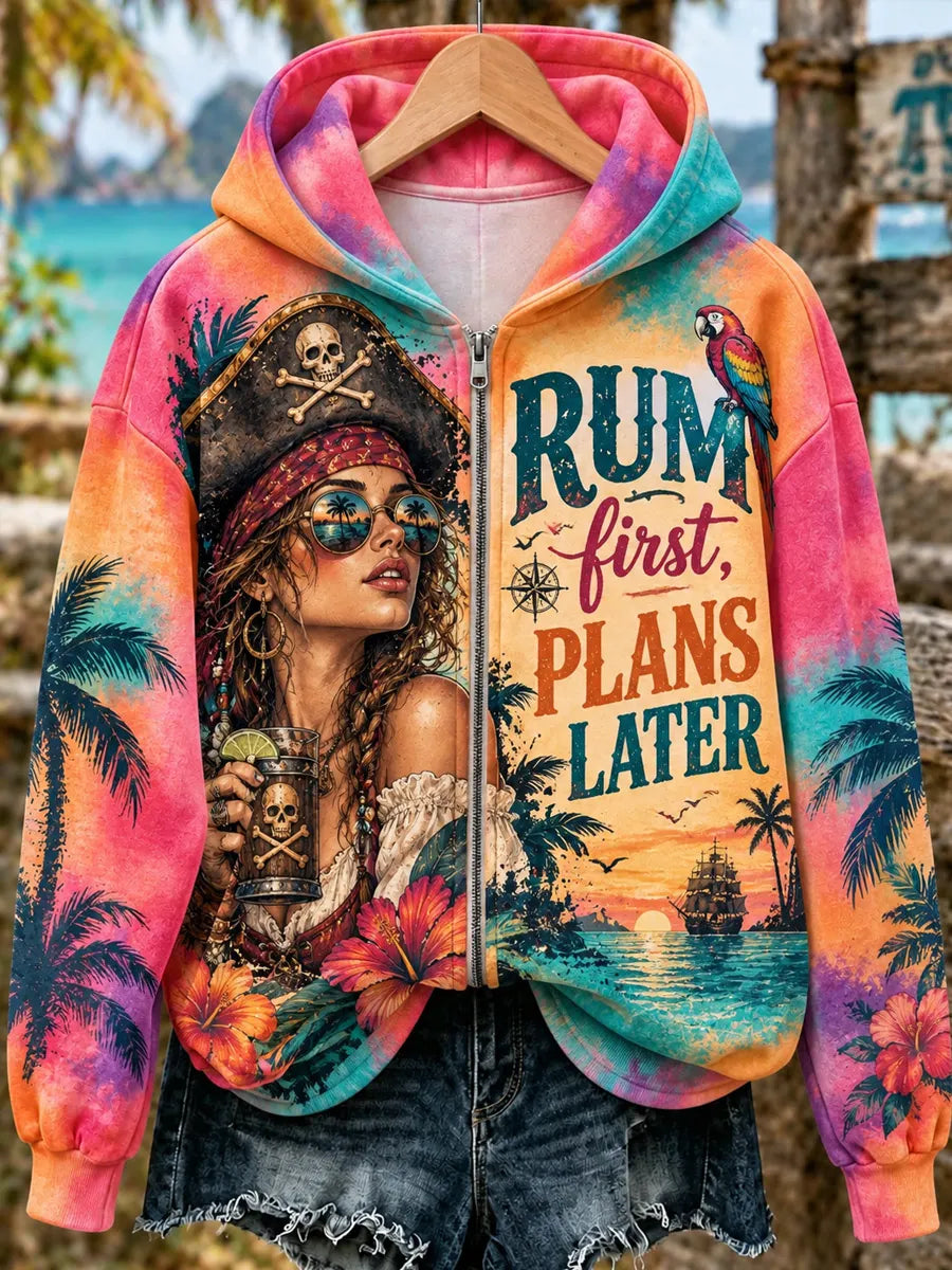 Women’s Rum First, Plans Later Pirate Tie-Dye Print Zip-Up Hoodie