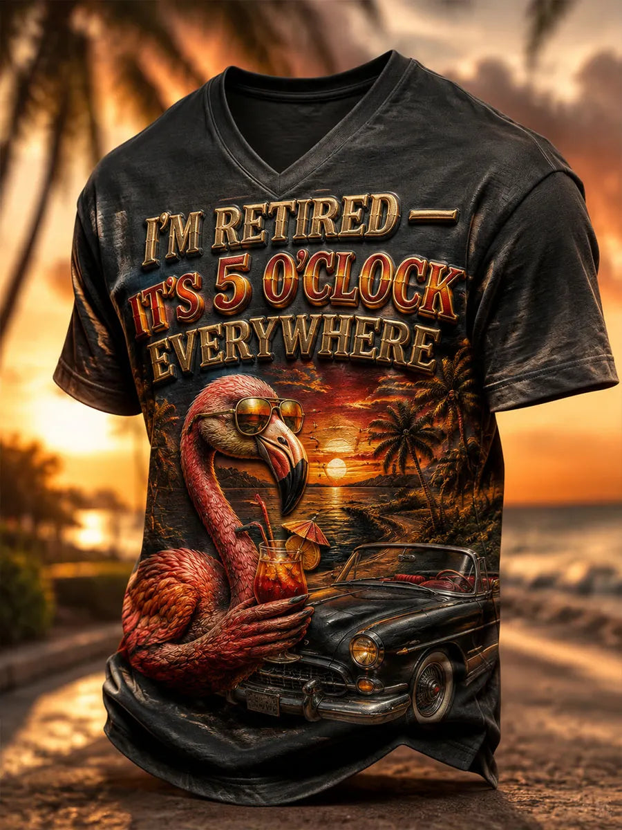 Men’s Retired Tropical Flamingo & Classic Car Graphic V-Neck T-Shirt
