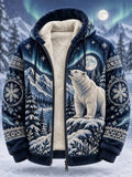 Men's Nordic Forest Aurora Polar Bear Snow Mountain Print Pocket Zip Up Thickened Hooded Jacket