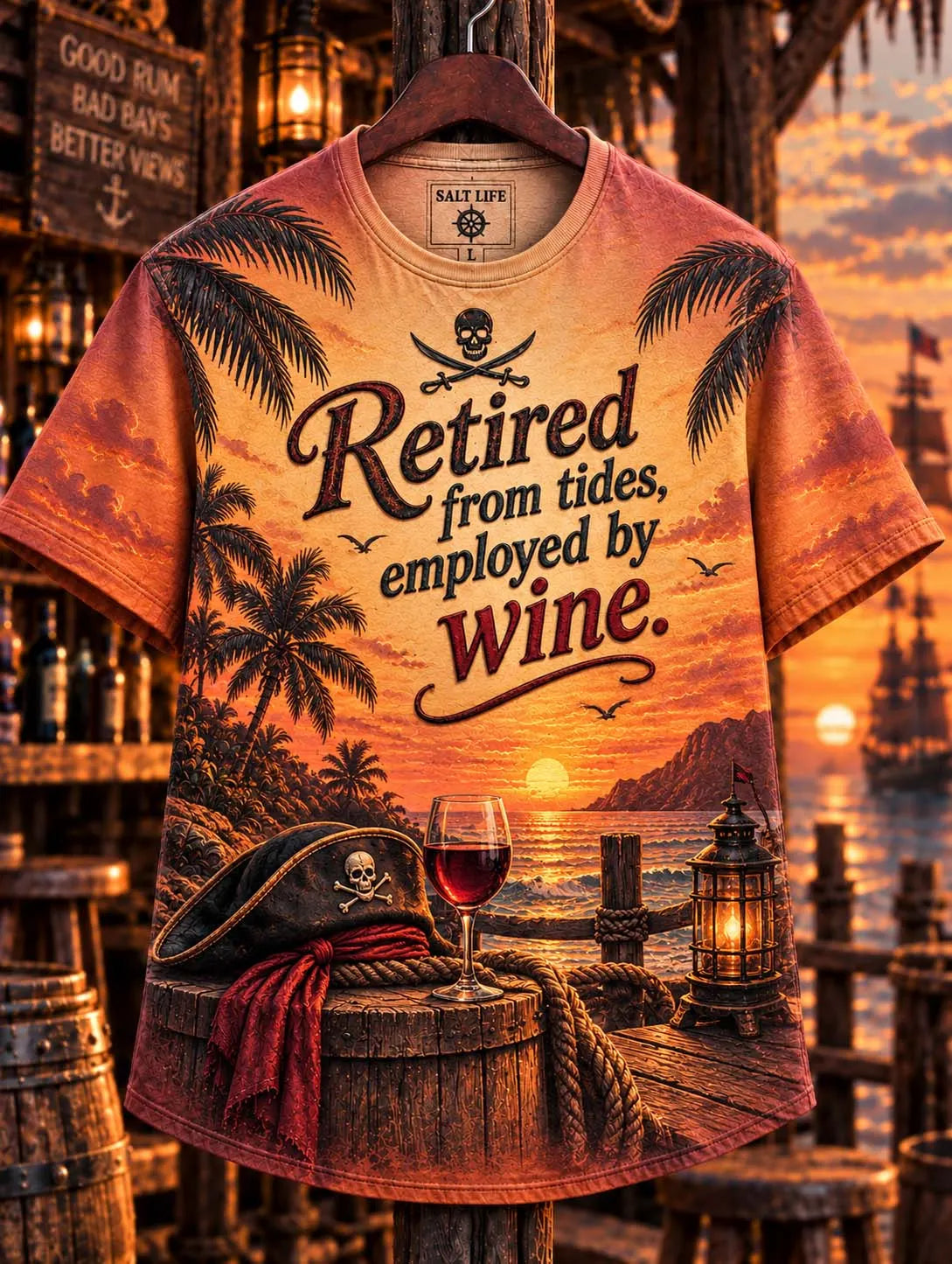 🌴 🍷 Retired From Tides Employed By Wine 🏴‍☠️ Pirate Sunset Ocean View T-Shirt
