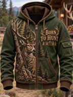 Men's Retro Hunting Culture Print Casual Full-Zip Hoodie