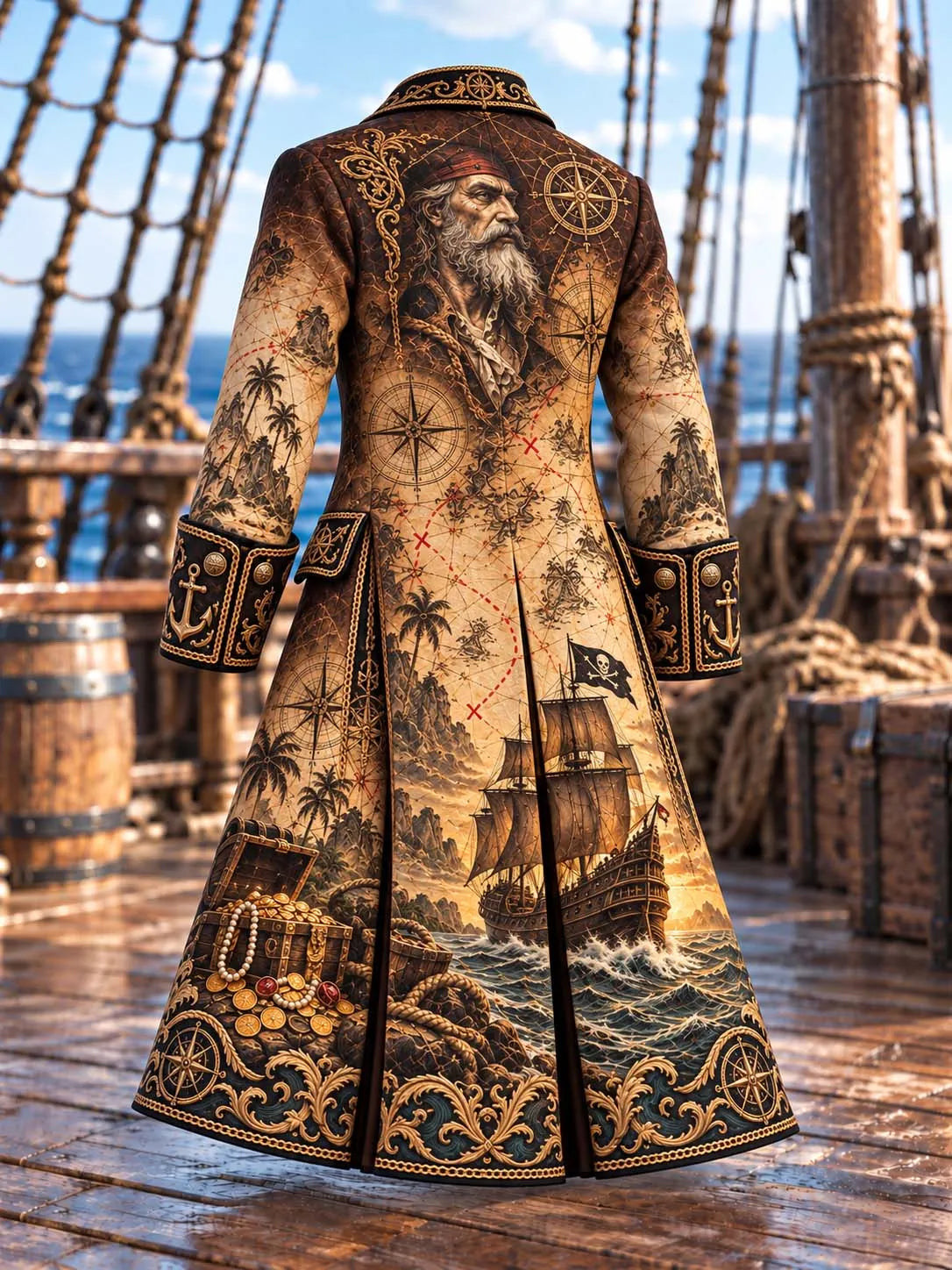 🗺️ Treasure Island Map & Captain Portrait Vintage Long Coat