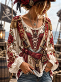 Women's Vintage-Style Pirate Art Print Casual Top