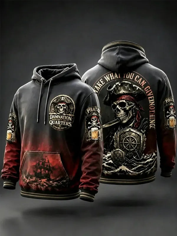 Men's Pirate Skull Sword Ship Art Print Pocket Hoodie