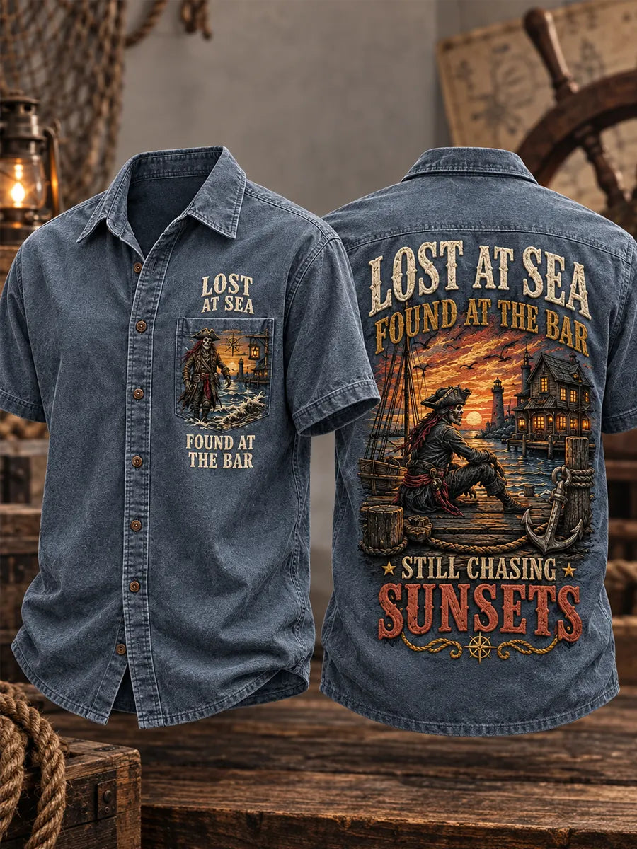 Men’s Vintage “LOST AT SEA FOUND AT THE BAR STILL CHASING SUNSETS” Pirate Short Sleeve Shirt