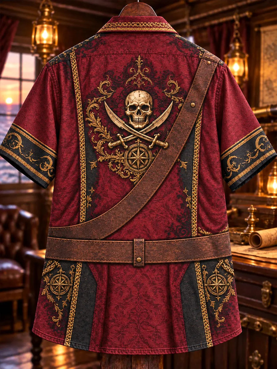 Men’s Pirate Captain Skull & Crossed Swords Print Short-Sleeve Button-Up Shirt