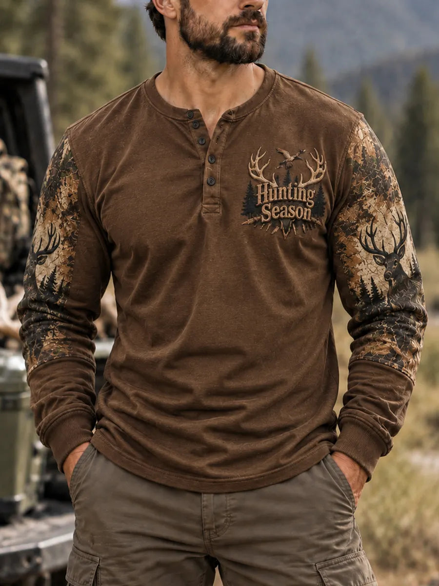 Men’s Retro Hunting Culture Print Casual Long Sleeve Henley Shirt